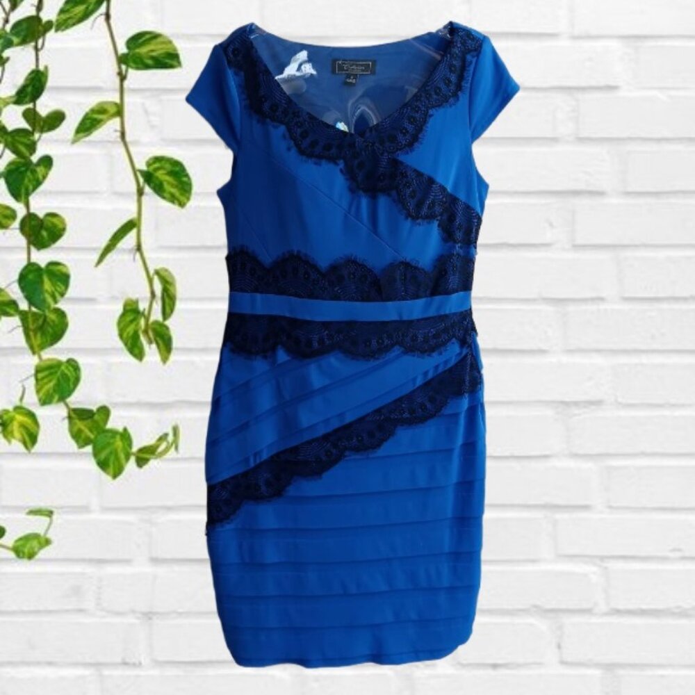 Collection dressbarn Sheath Dress Pleated Black Lace Trim Lined Blue Size 10